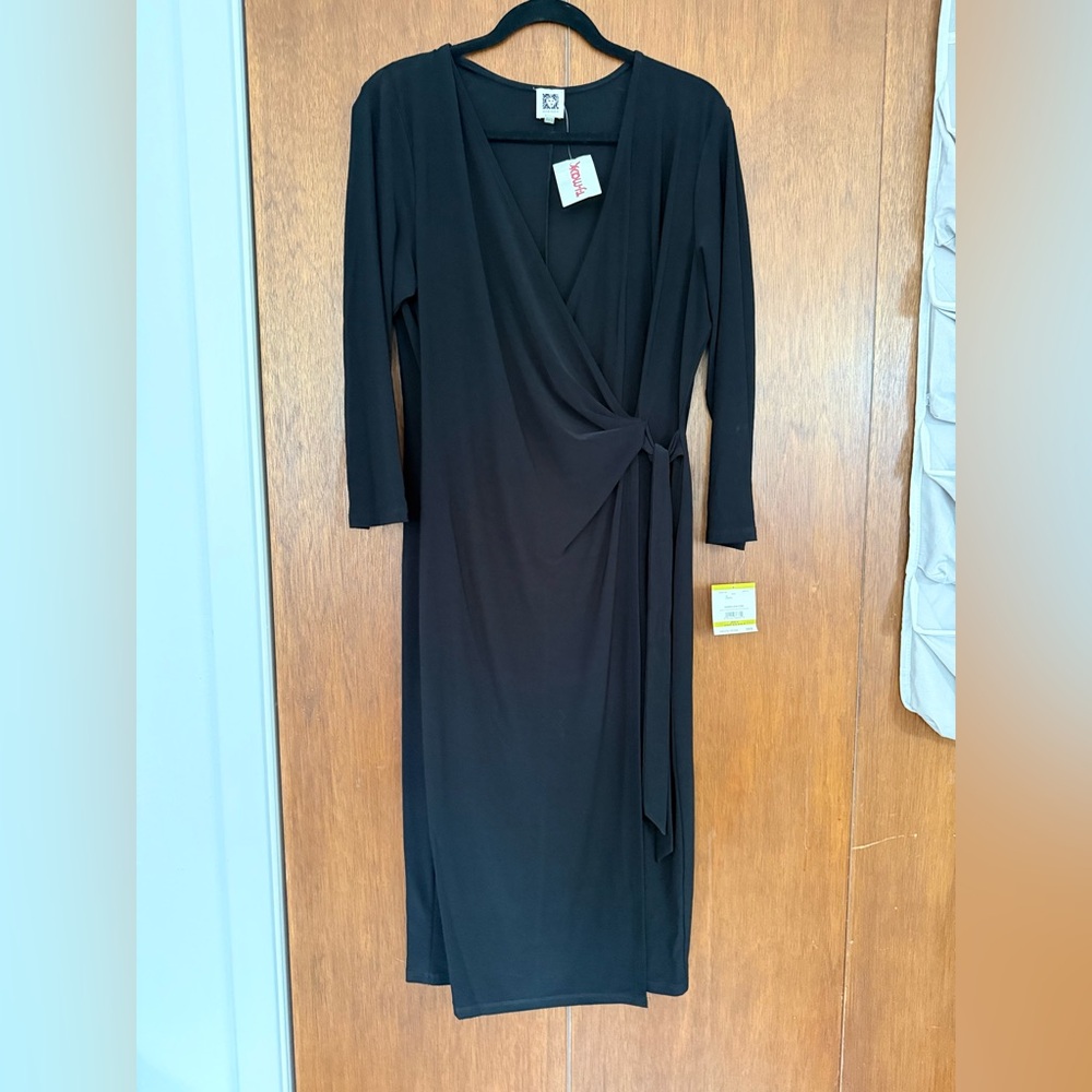 Anne Klein Black Long Sleeve Mock Wrap Dress
